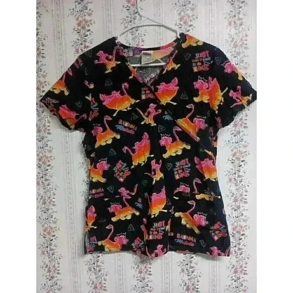 Disney Scrub Top Womens S Lion King Black Pink Simba Short Sleeve Cotton Shirt